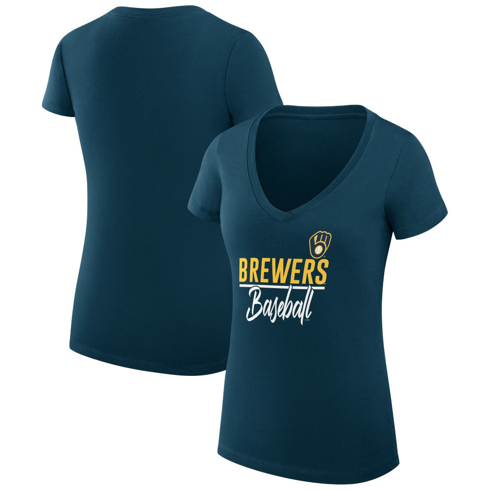 Milwaukee Brewers G-III 4Her by Carl Banks Women's Super-Slim Fit Lightweight Team Graphic V-Neck T-Shirt - Navy - MLB on Sale