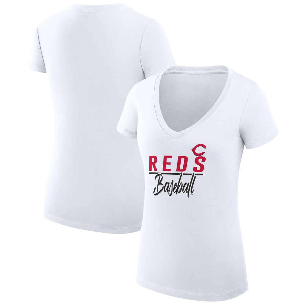 Cincinnati Reds G-III 4Her by Carl Banks Women's Super-Slim Fit Lightweight Team Graphic V-Neck T-Shirt - White - MLB Sale