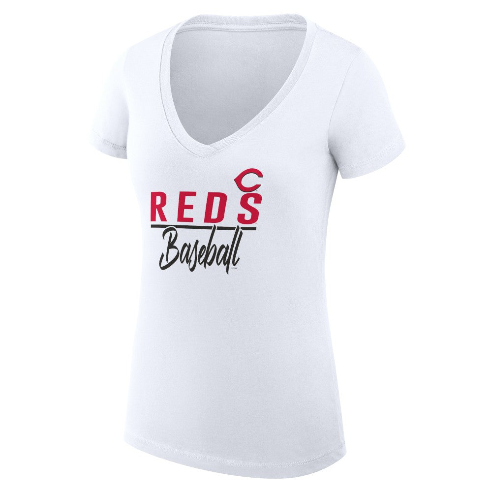 Cincinnati Reds G-III 4Her by Carl Banks Women's Super-Slim Fit Lightweight Team Graphic V-Neck T-Shirt - White - MLB Sale