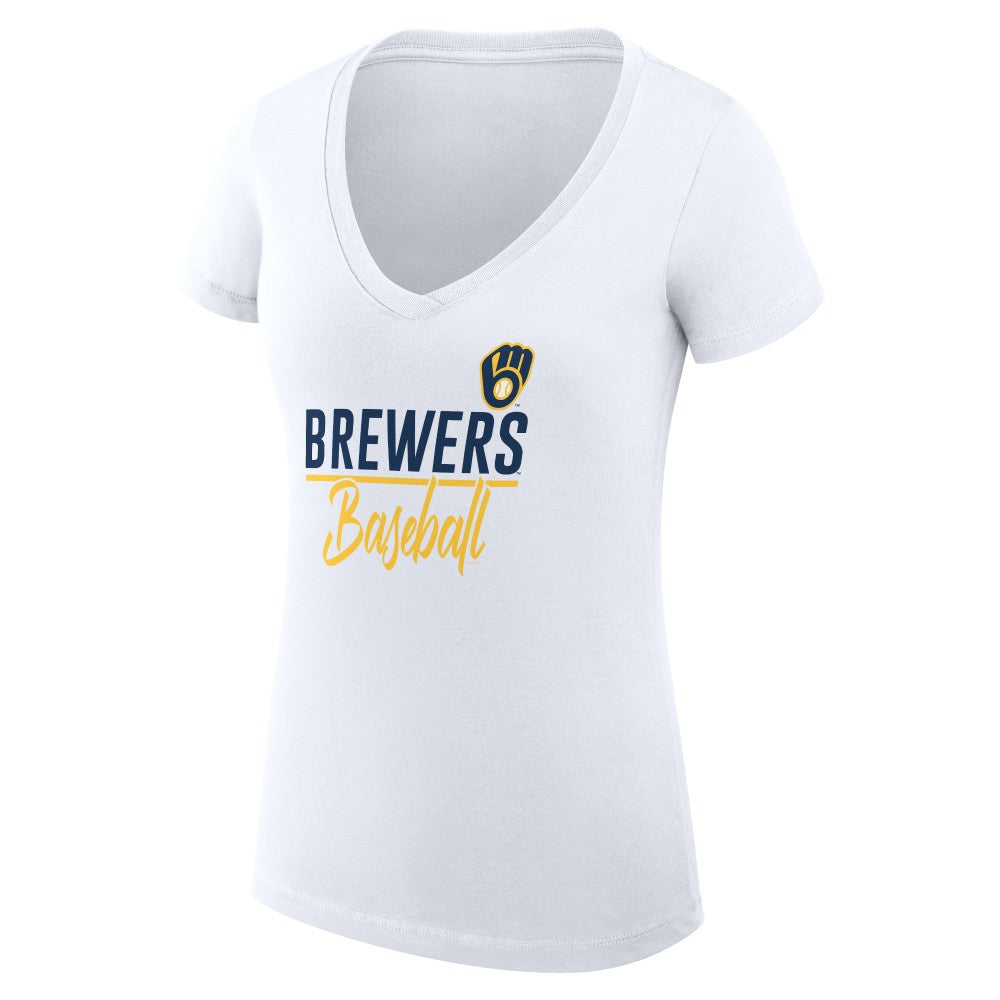 Milwaukee Brewers G-III 4Her by Carl Banks Women's Super-Slim Fit Lightweight Team Graphic V-Neck T-Shirt - White - MLB Lifestyle