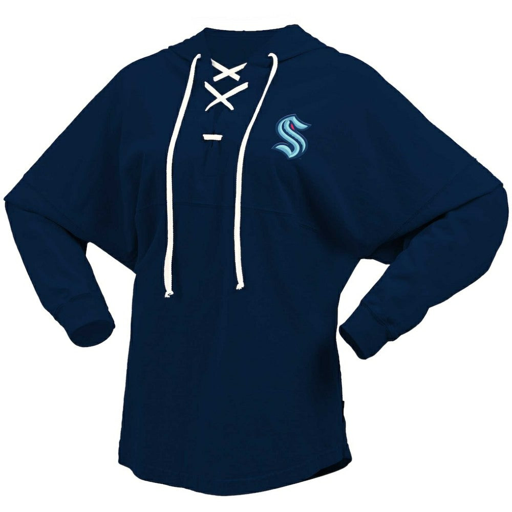 Seattle Kraken Fanatics Women's Jersey Lace-Up V-Neck Long Sleeve Hoodie T-Shirt - Deep Sea Blue - NHL 200459758