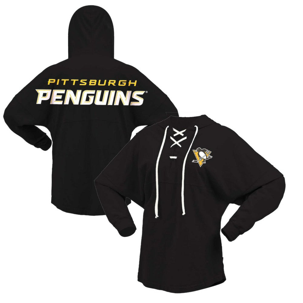 Pittsburgh Penguins Fanatics Women's Jersey Lace-Up V-Neck Long Sleeve Hoodie T-Shirt - Black - NHL 200459763