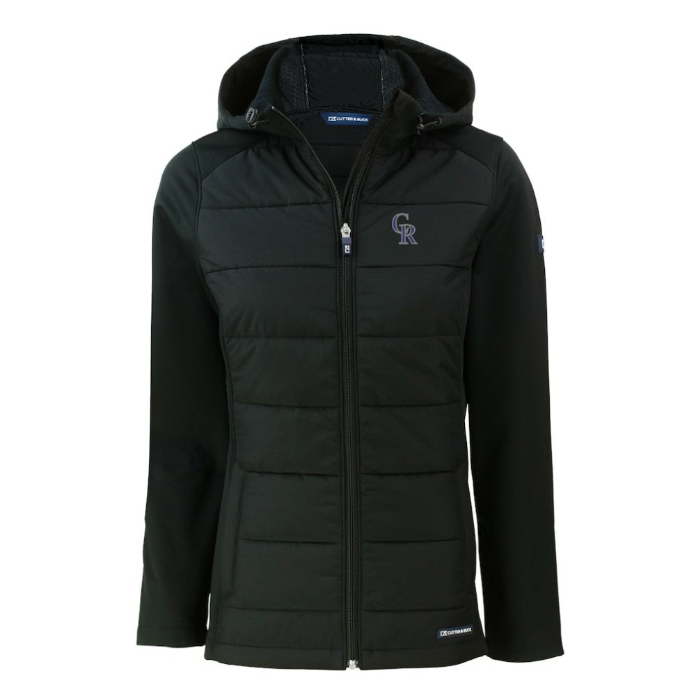 Colorado Rockies Cutter & Buck Women's Evoke Hybrid Eco Softshell Recycled Full-Zip Hoodie Jacket - Black - MLB on Sale