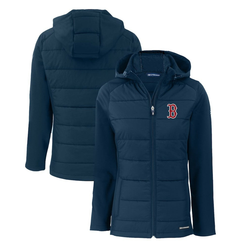 Boston Red Sox Cutter & Buck Women's Evoke Hybrid Eco Softshell Recycled Full-Zip Hoodie Jacket - Navy - MLB Lifestyle