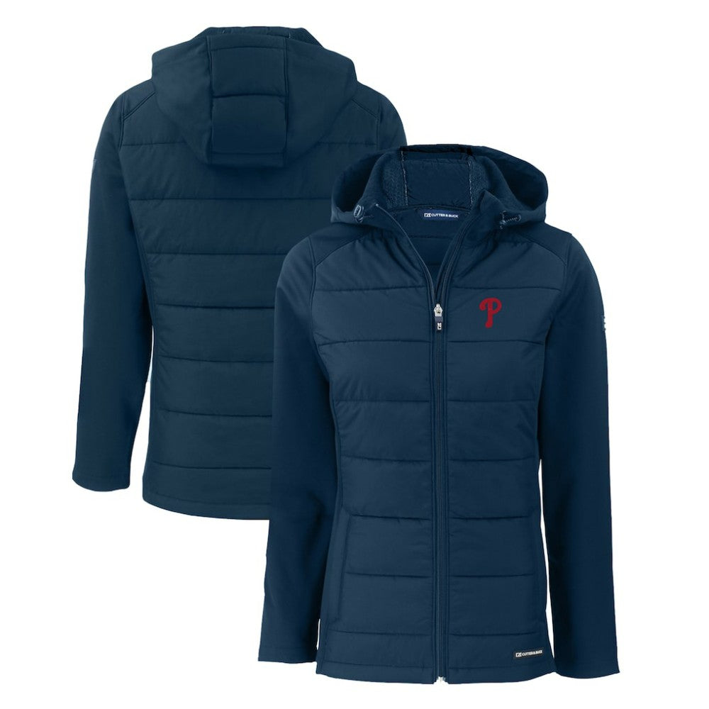 Philadelphia Phillies Cutter & Buck Women's Evoke Hybrid Eco Softshell Recycled Full-Zip Hoodie Jacket - Navy - MLB on Sale