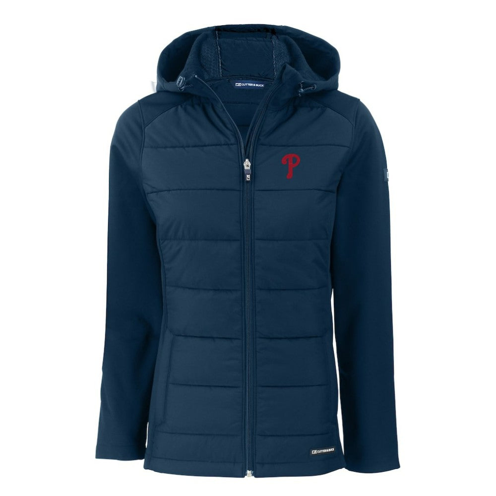 Philadelphia Phillies Cutter & Buck Women's Evoke Hybrid Eco Softshell Recycled Full-Zip Hoodie Jacket - Navy - MLB on Sale