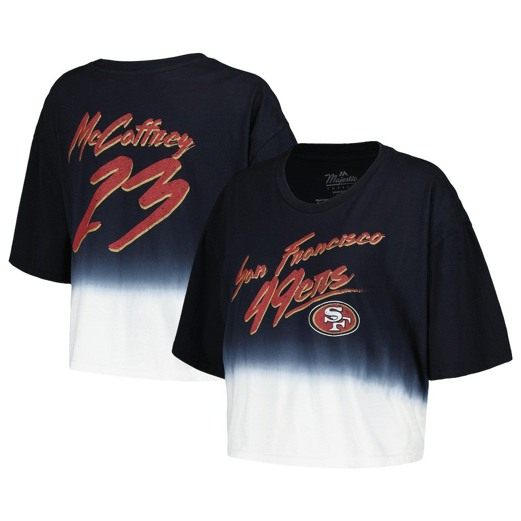Christian McCaffrey San Francisco 49ers Majestic Threads Women's Dip-Dye Player Name & Number Crop Top Black/White