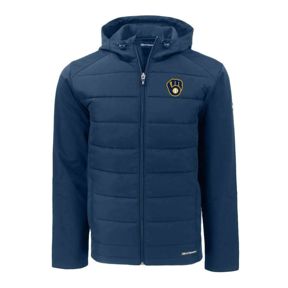 Milwaukee Brewers Cutter & Buck Big & Tall Evoke Hybrid Eco Softshell Recycled Full-Zip Hoodie - Navy - MLB Lifestyle
