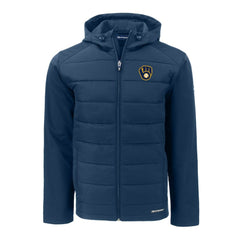 Milwaukee Brewers Cutter & Buck Big & Tall Evoke Hybrid Eco Softshell Recycled Full-Zip Hoodie - Navy - MLB Lifestyle