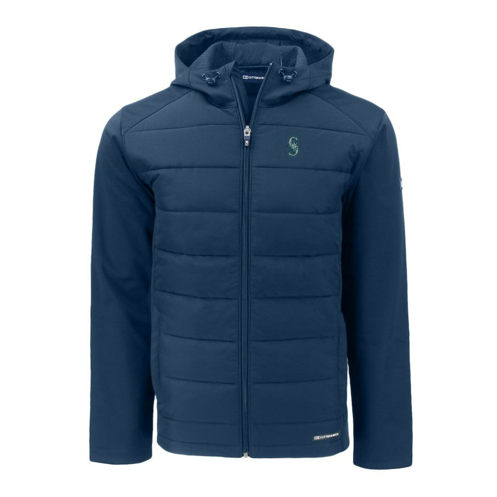 Seattle Mariners Cutter & Buck Evoke Hybrid Eco Softshell Recycled Full-Zip Hoodie - Navy - MLB Sale