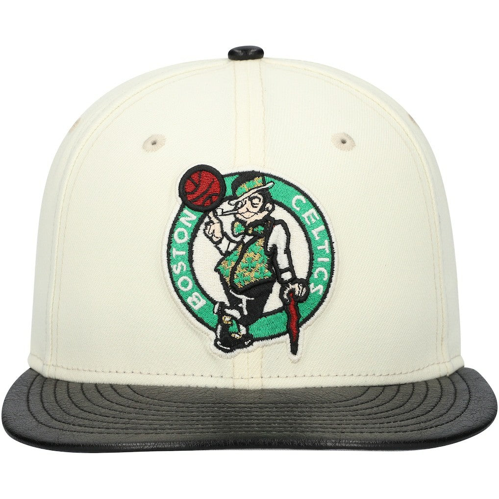 Boston Celtics Faux Leather Visor Two-Tone 59FIFTY Fitted Hat White/Black | New Era Lifestyle
