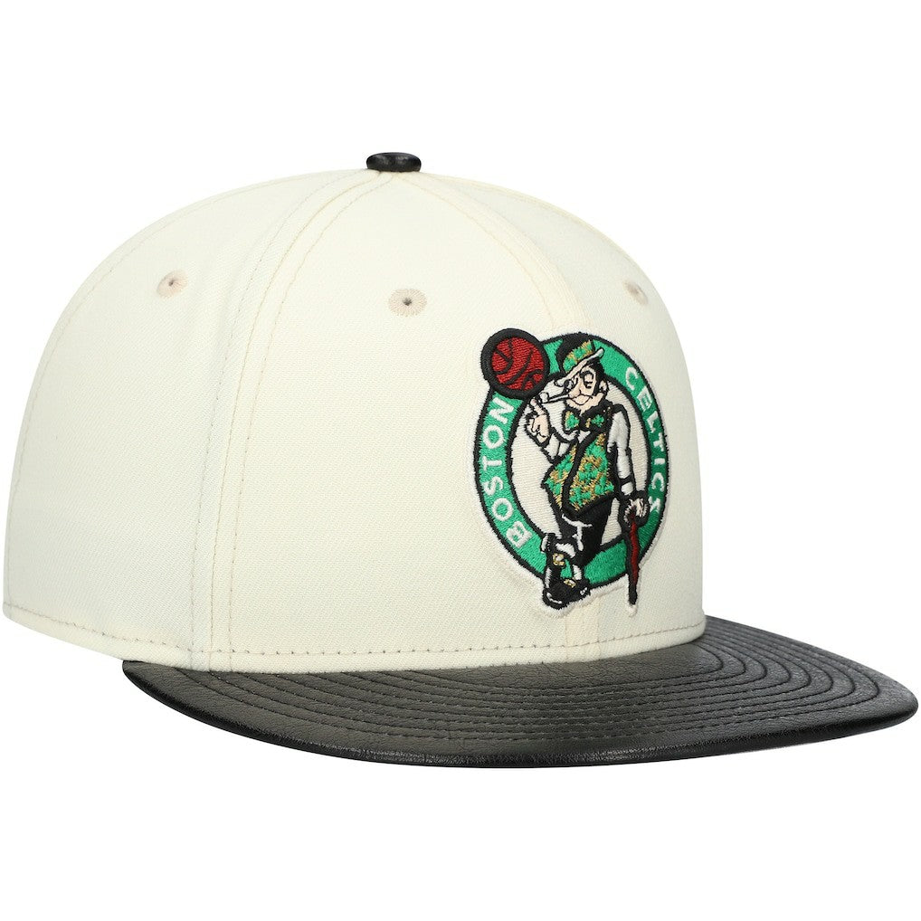 Boston Celtics Faux Leather Visor Two-Tone 59FIFTY Fitted Hat White/Black | New Era Lifestyle