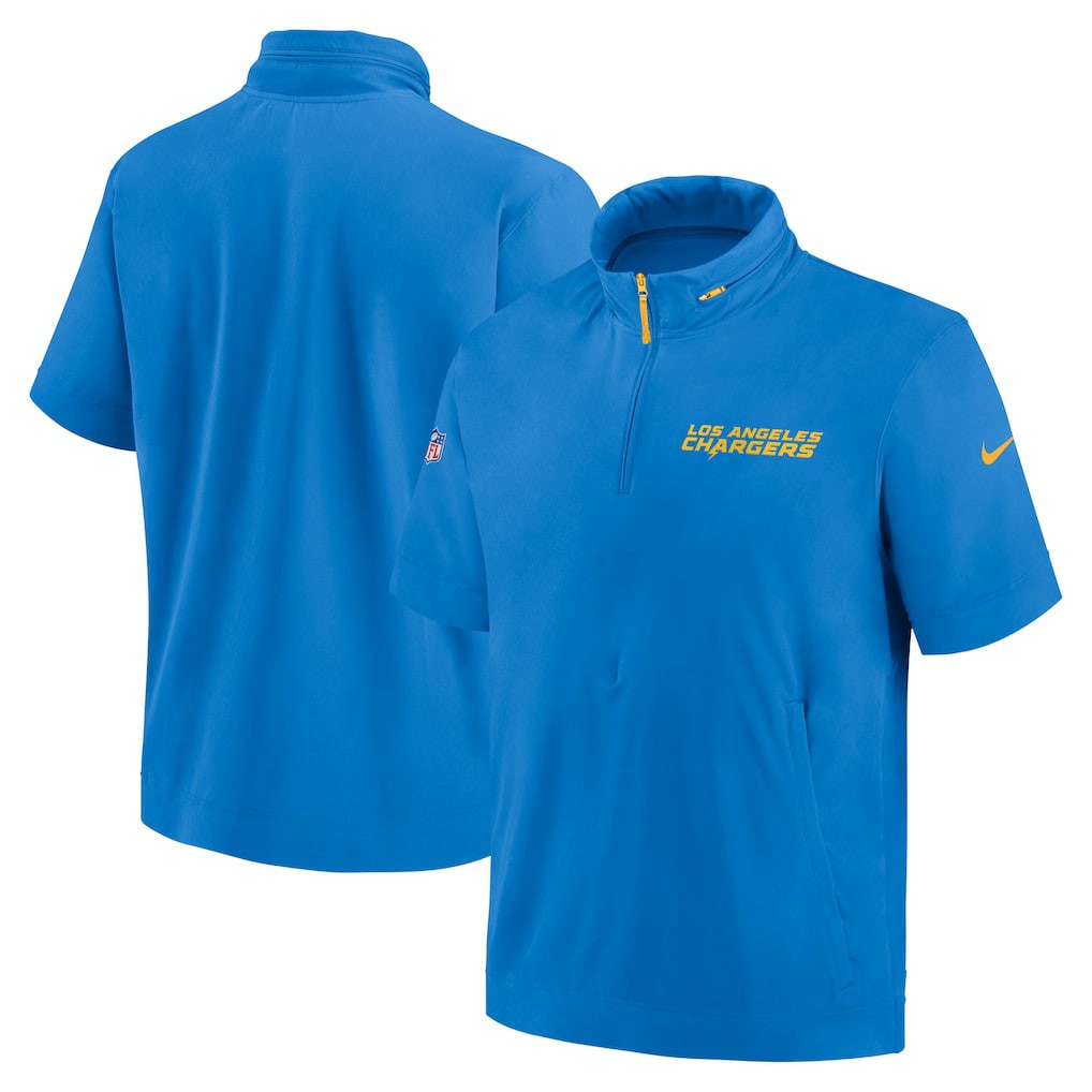 Nike Los Angeles Chargers 2024 Sideline Coach Short Sleeve Half-Zip Hoodie Jacket Powder Blue