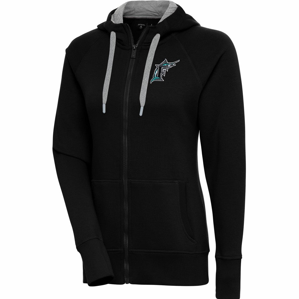 Florida Marlins Antigua Women's Cooperstown Collection Victory Raglan Full-Zip Hoodie - Black - MLB on Sale
