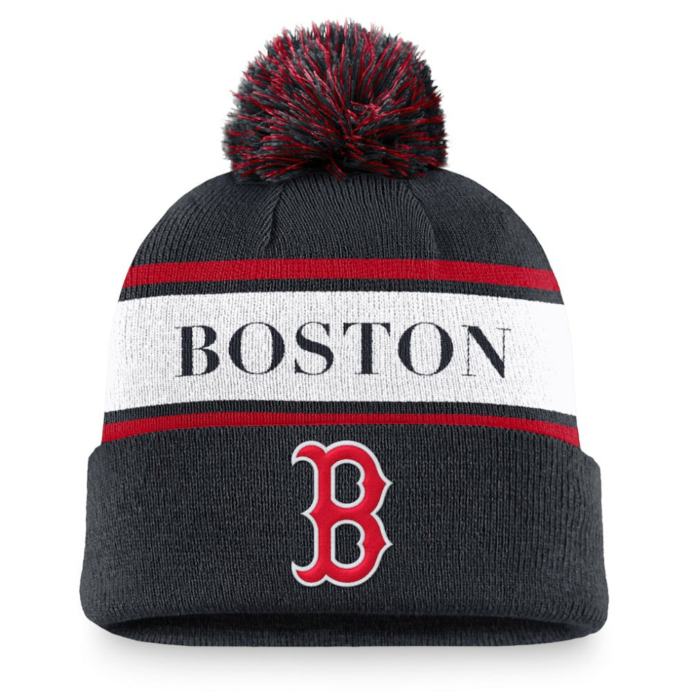 Boston Red Sox Nike Team Stripe Peak Cuffed Knit Hat with Pom - Navy - Nike Lifestyle