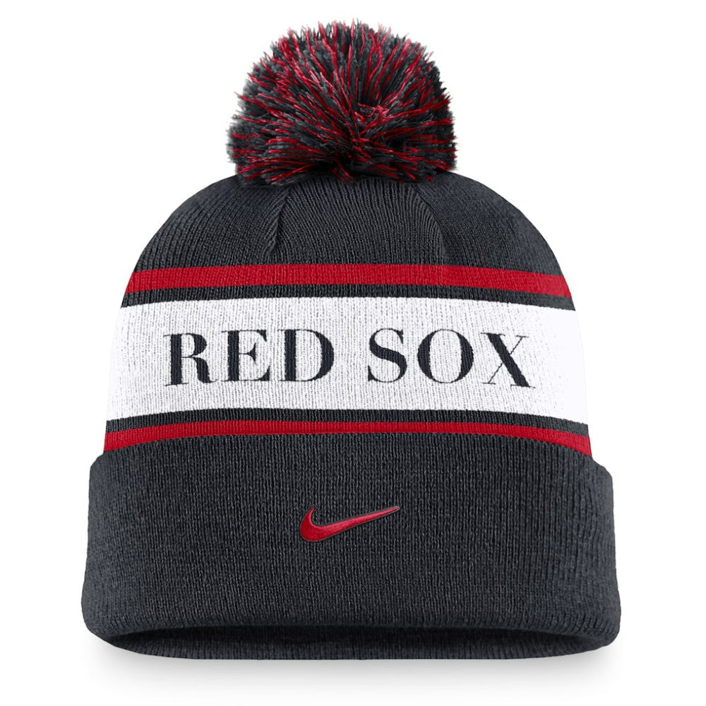 Boston Red Sox Nike Team Stripe Peak Cuffed Knit Hat with Pom - Navy - Nike Lifestyle