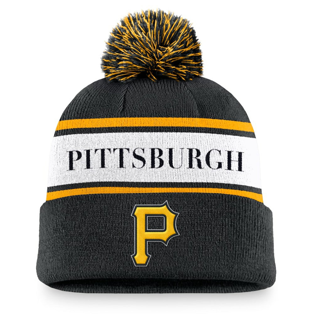 Pittsburgh Pirates Nike Team Stripe Peak Cuffed Knit Hat with Pom - Black - Nike on Sale