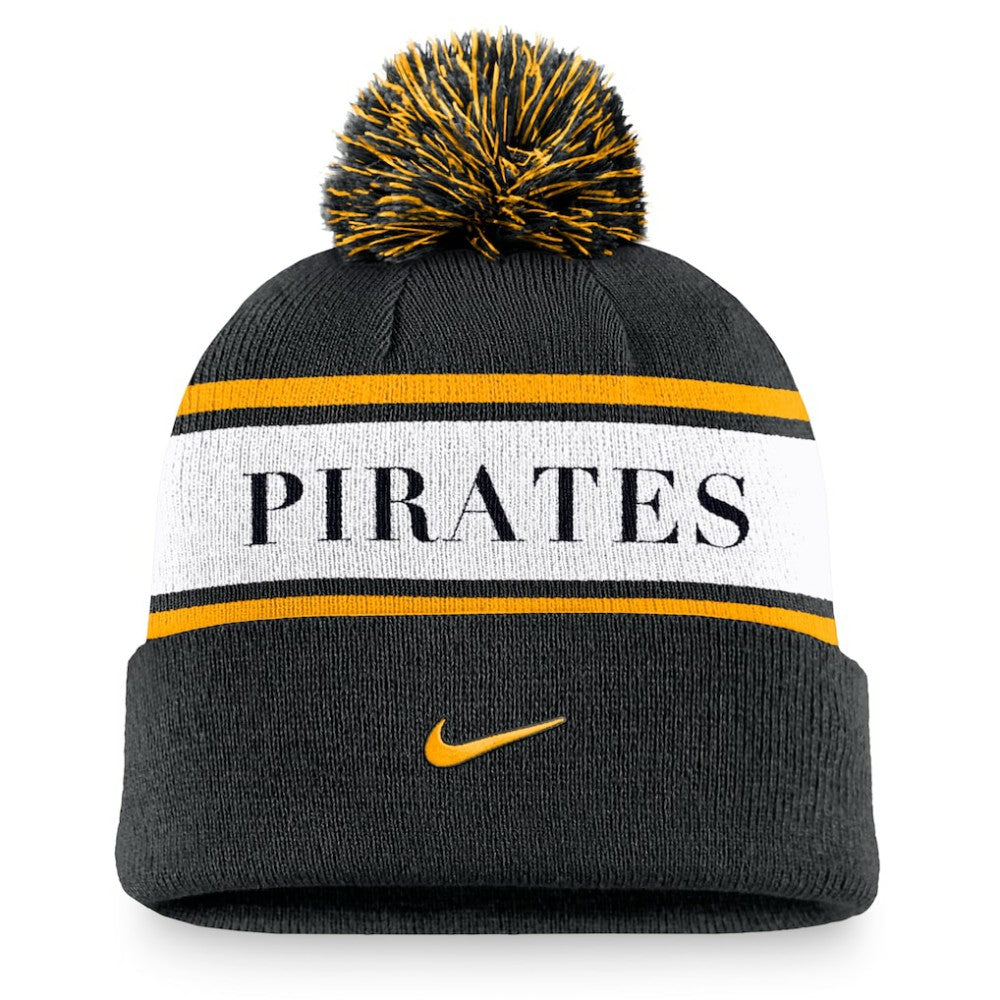 Pittsburgh Pirates Nike Team Stripe Peak Cuffed Knit Hat with Pom - Black - Nike on Sale