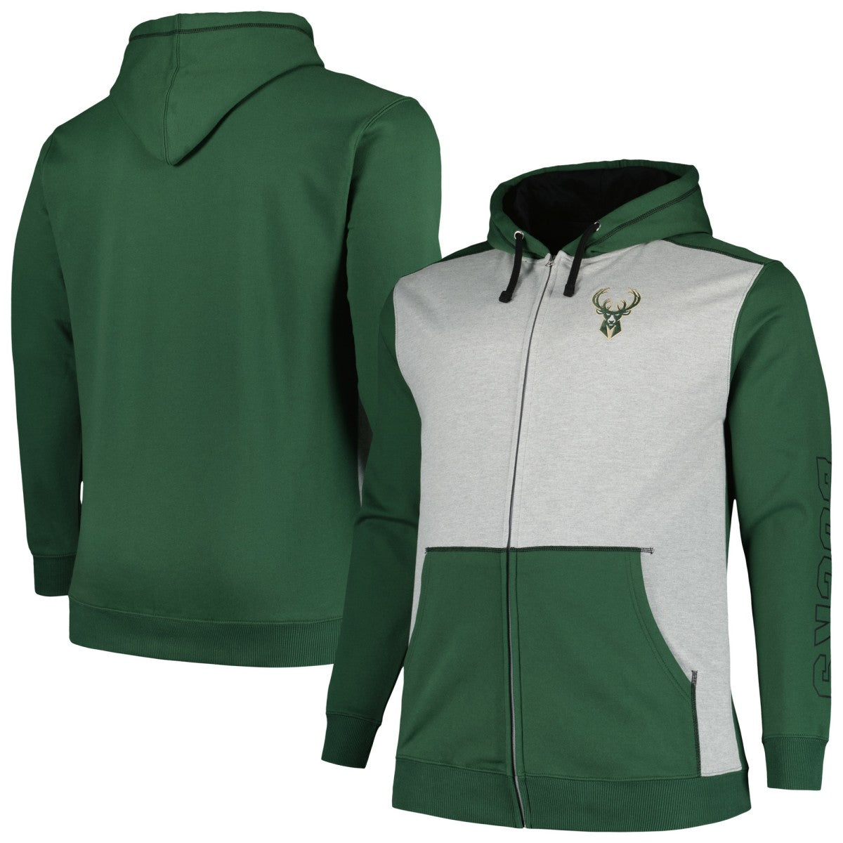 Milwaukee Bucks Big & Tall Contrast Pieced Stitched Full-Zip Hoodie Hunter Green/Heather Gray | Fanatics outlet