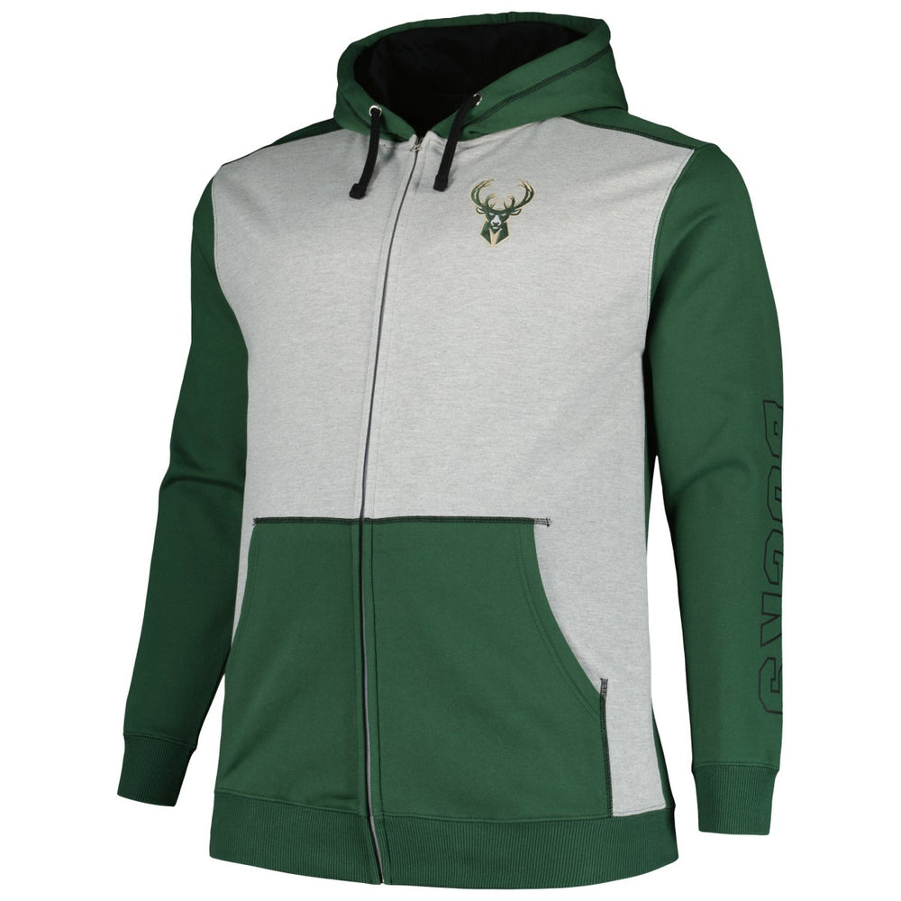 Milwaukee Bucks Big & Tall Contrast Pieced Stitched Full-Zip Hoodie Hunter Green/Heather Gray | Fanatics outlet