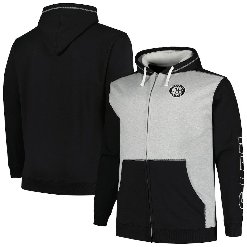 Brooklyn Nets Big & Tall Contrast Pieced Stitched Full-Zip Hoodie Black/Heather Gray | Fanatics online