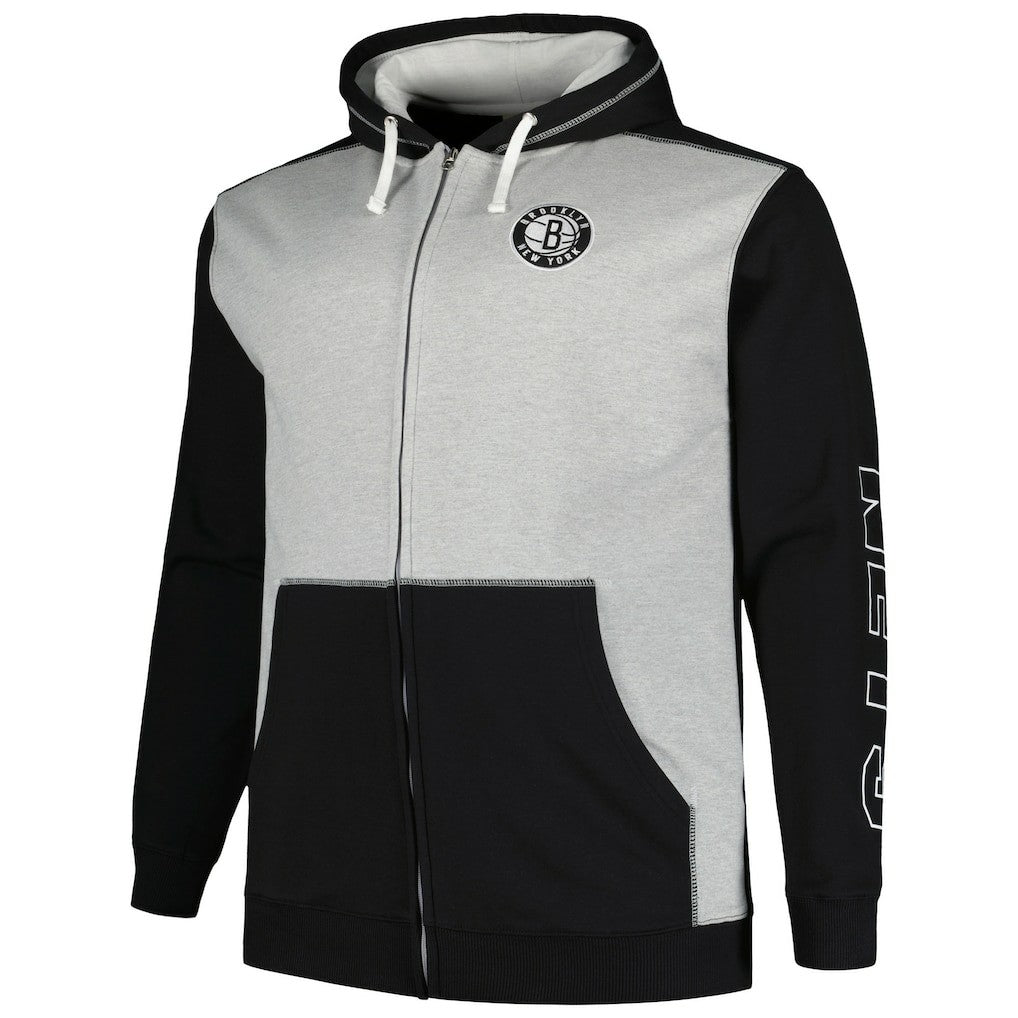 Brooklyn Nets Big & Tall Contrast Pieced Stitched Full-Zip Hoodie Black/Heather Gray | Fanatics online