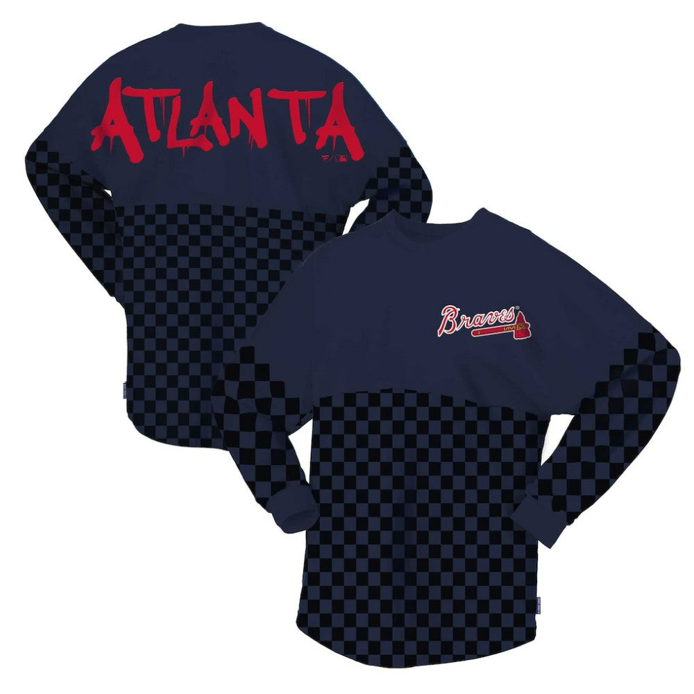 Atlanta Braves Fanatics Women's Checker Print Long Sleeve T-Shirt - Navy - Fanatics on Sale
