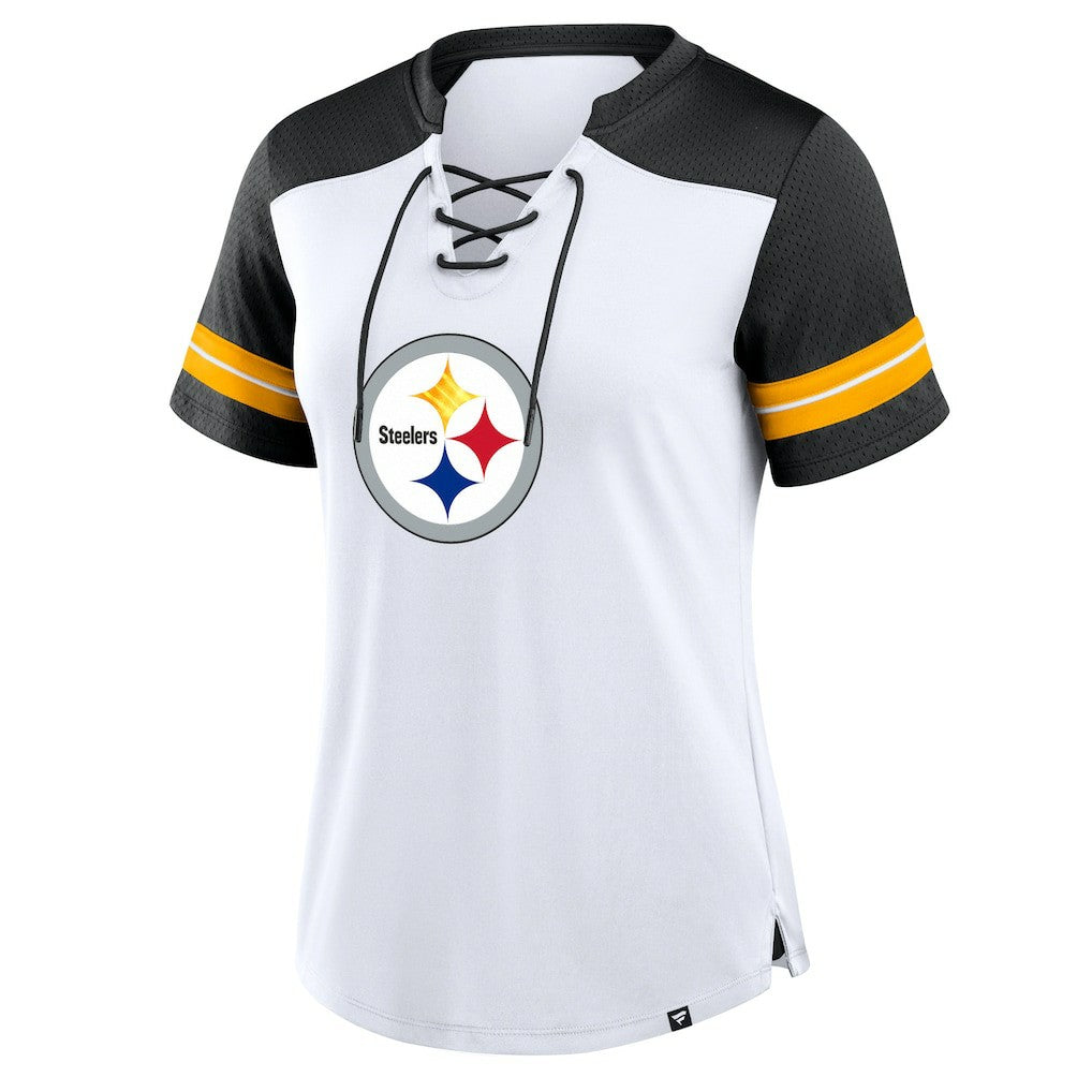 Fanatics Pittsburgh Steelers Women's Foiled Primary Lace-Up T-Shirt White/Black