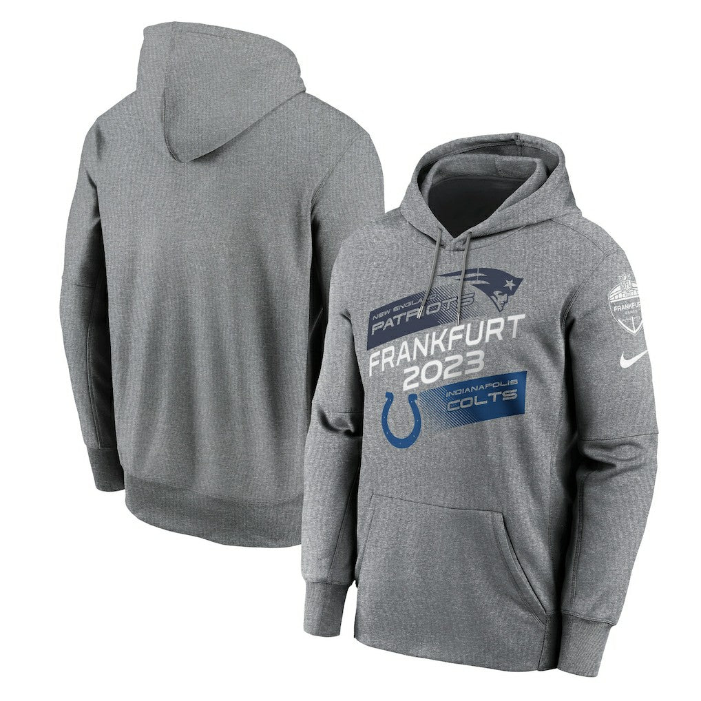 Nike New England Patriots vs. Indianapolis Colts 2023 Frankfurt Game Pullover Hoodie Heather Charcoal