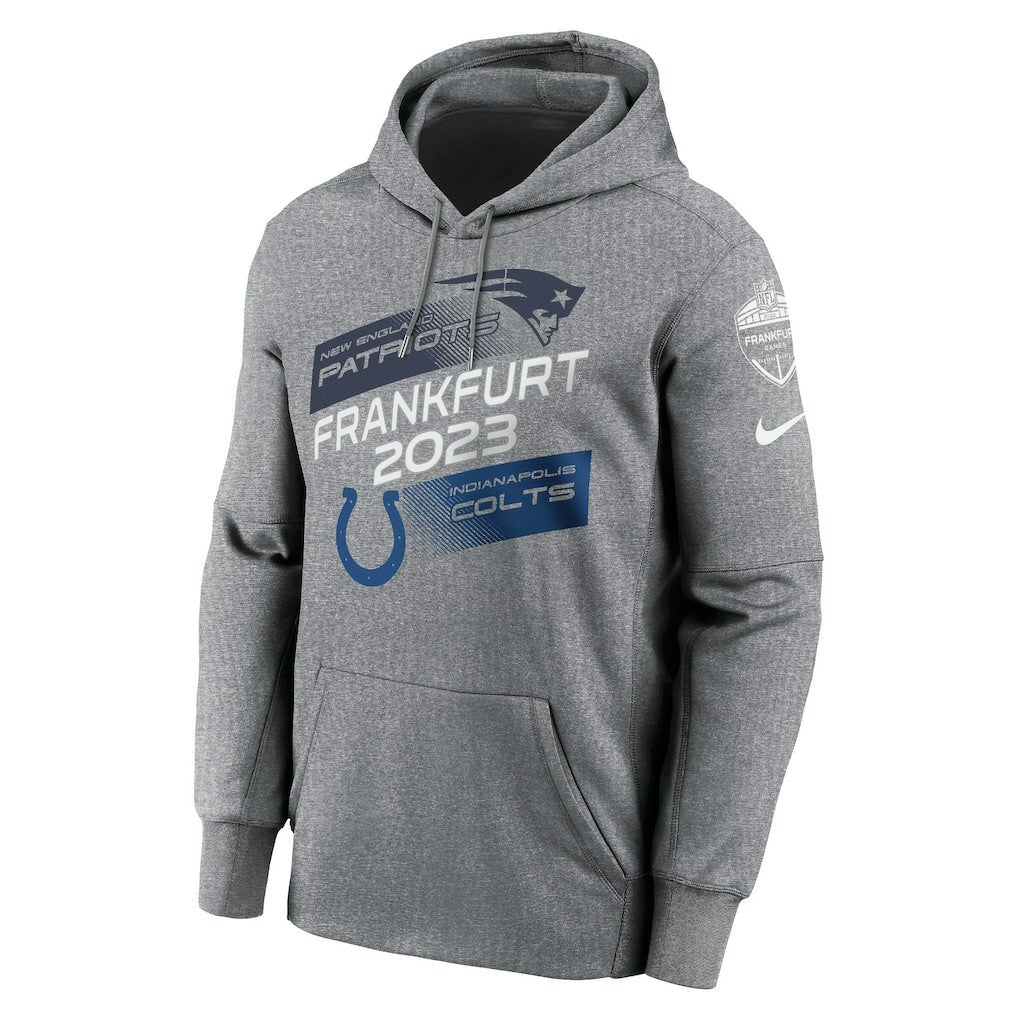 Nike New England Patriots vs. Indianapolis Colts 2023 Frankfurt Game Pullover Hoodie Heather Charcoal