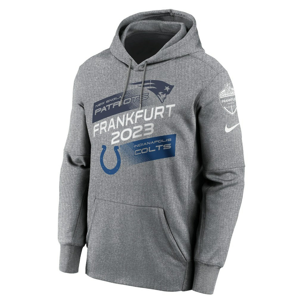 Nike New England Patriots vs. Indianapolis Colts 2023 Frankfurt Game Pullover Hoodie Heather Charcoal