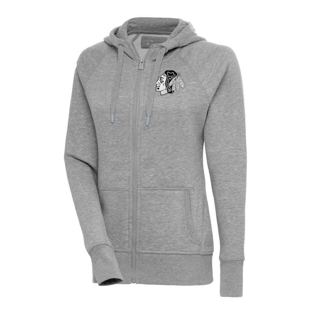 Chicago Blackhawks Antigua Women's Metallic Logo Victory Full-Zip Hoodie - Heather Gray - NHL 200544876