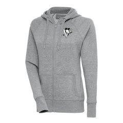 Pittsburgh Penguins Antigua Women's Metallic Logo Victory Full-Zip Hoodie - Heather Gray - NHL 200544916