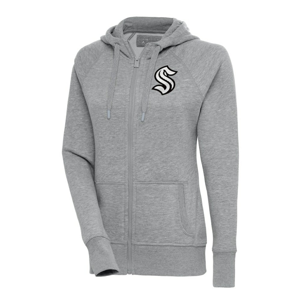 Seattle Kraken Antigua Women's Metallic Logo Victory Full-Zip Hoodie - Heather Gray - NHL 200544922