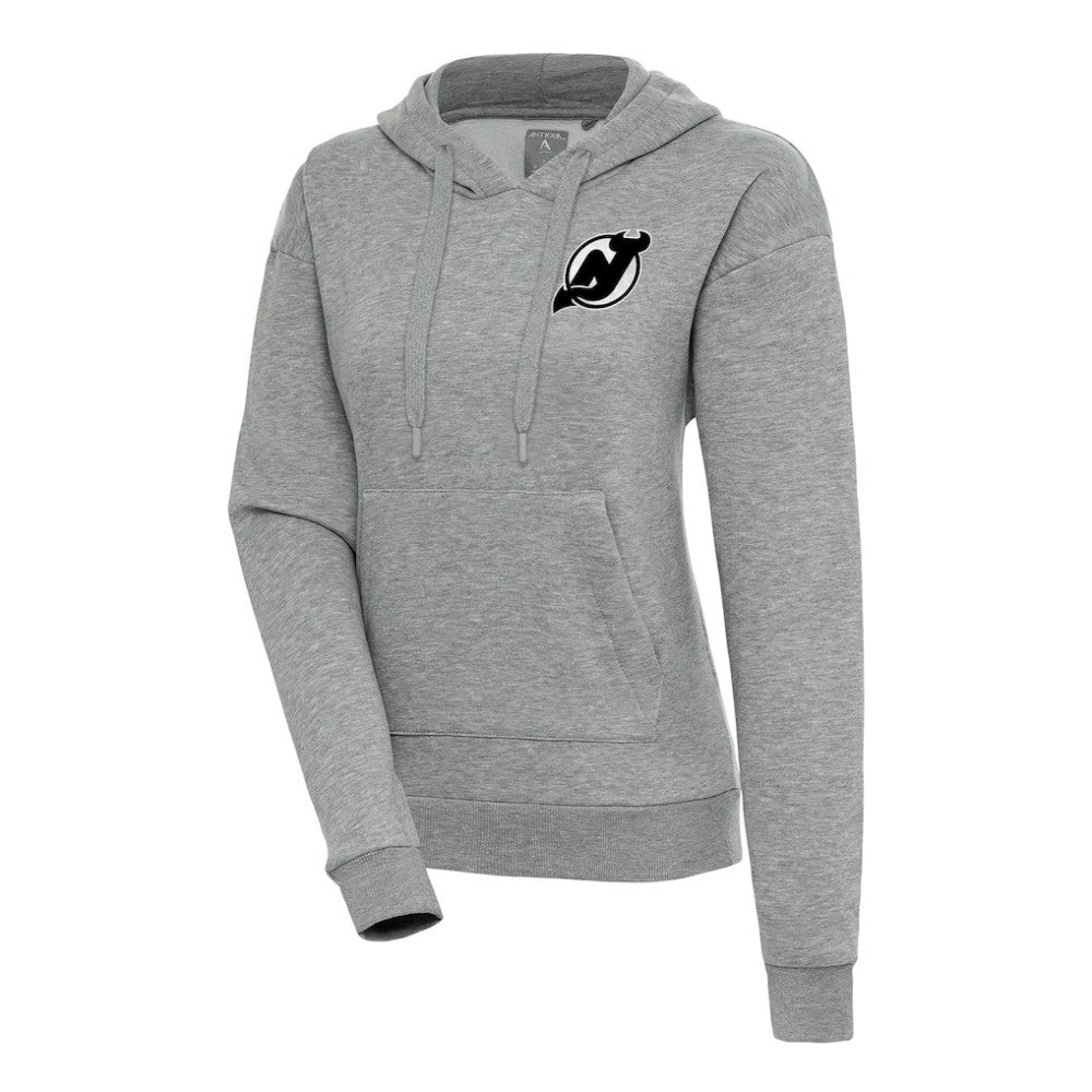 New Jersey Devils Antigua Women's Metallic Logo Victory Pullover Hoodie - Heather Gray - NHL 200545043