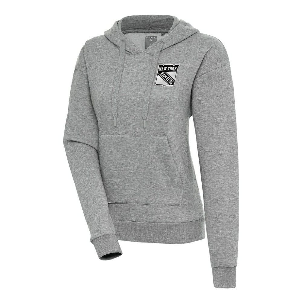 New York Rangers Antigua Women's Metallic Logo Victory Pullover Hoodie - Heather Gray - NHL 200545048