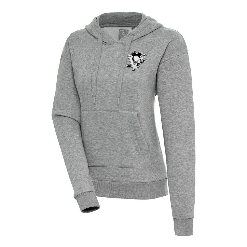 Pittsburgh Penguins Antigua Women's Metallic Logo Victory Pullover Hoodie - Heather Gray - NHL 200545058