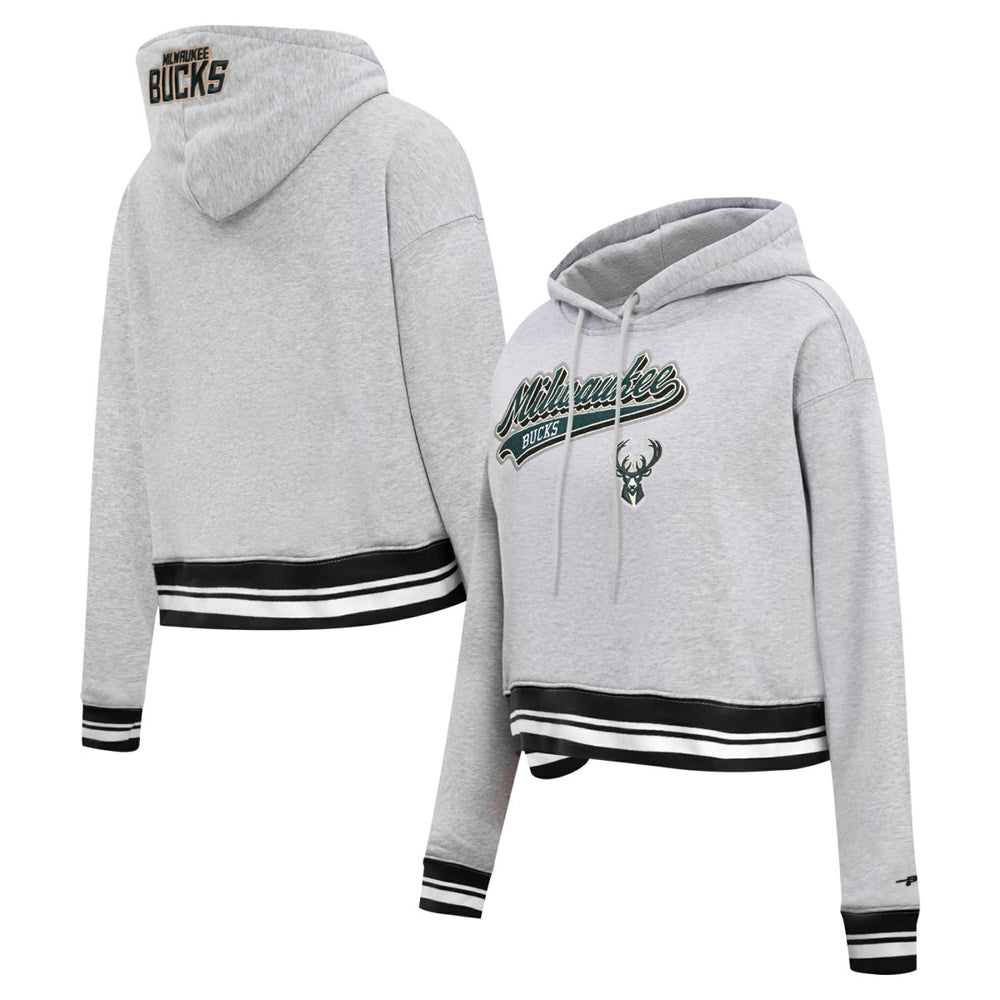 Milwaukee Bucks Pro Standard Women's Script Tail Cropped Pullover Hoodie Heather Gray