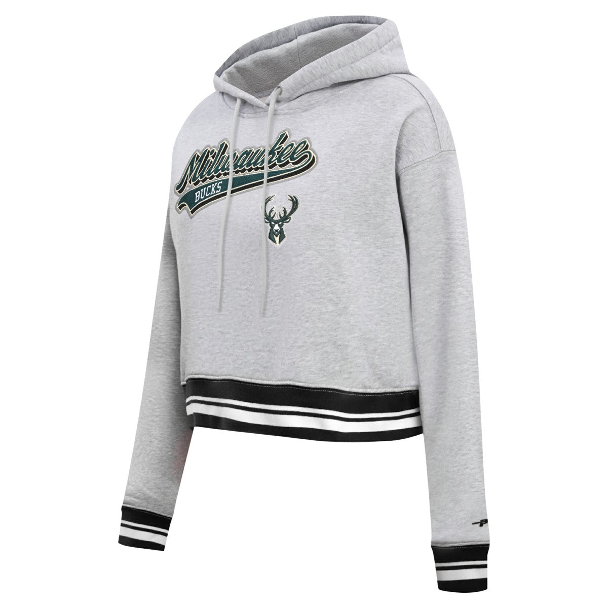 Milwaukee Bucks Pro Standard Women's Script Tail Cropped Pullover Hoodie Heather Gray