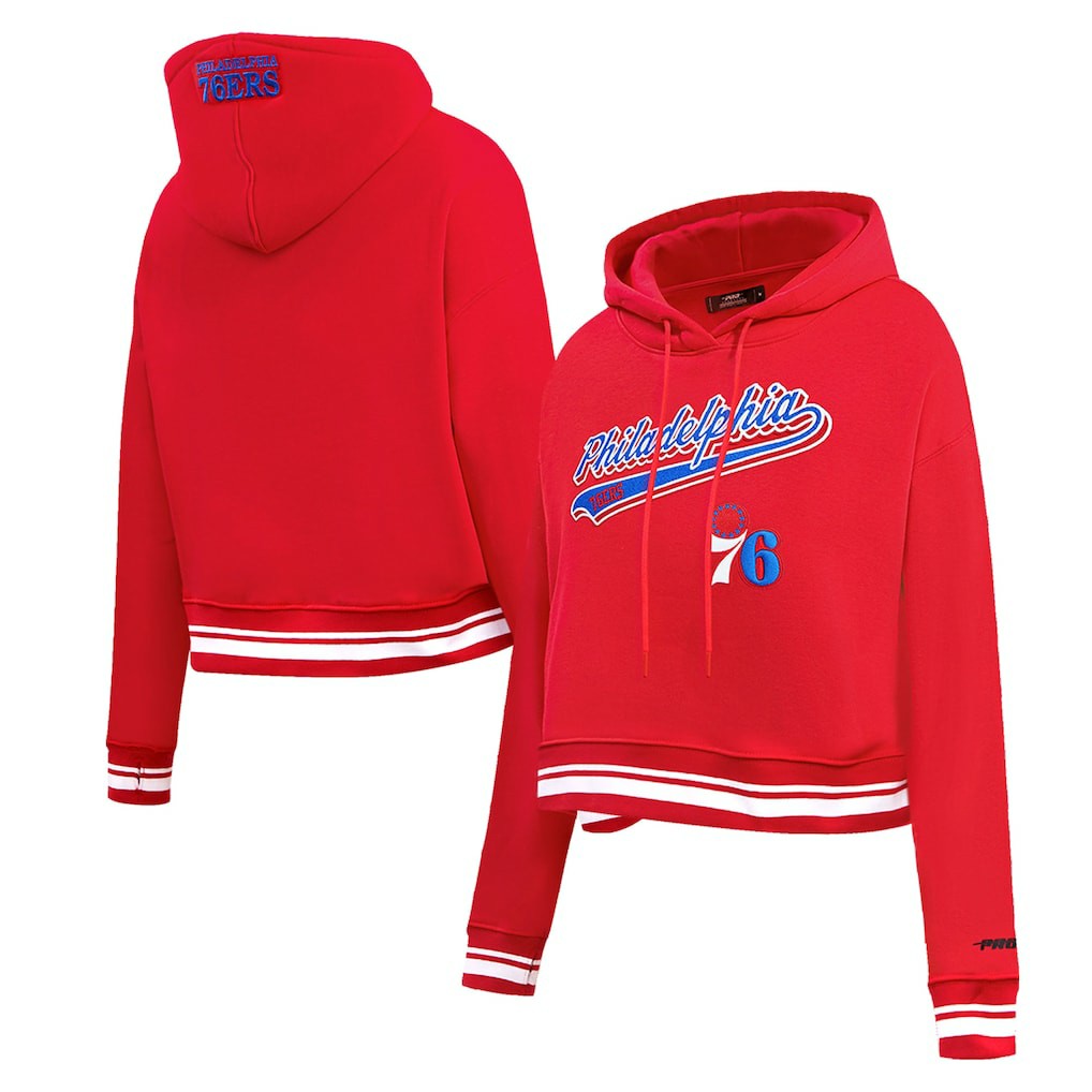 Philadelphia 76ers Pro Standard Women's Script Tail Cropped Pullover Hoodie Red