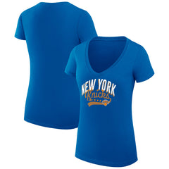 New York Knicks G-III 4Her by Carl Banks Women's Super-Slim Fit Lightweight Filigree Logo V-Neck T-Shirt Blue