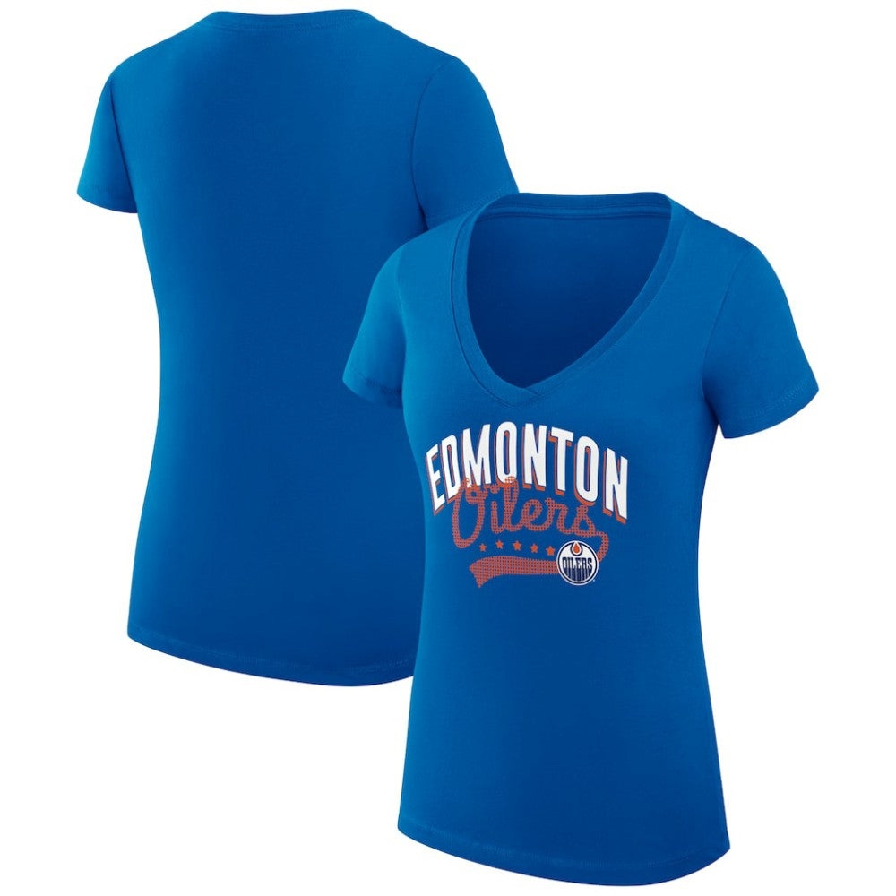 Edmonton Oilers G-III 4Her by Carl Banks Women's Super-Slim Fit Lightweight Filigree Logo V-Neck T-Shirt – Royal - NHL 200559487
