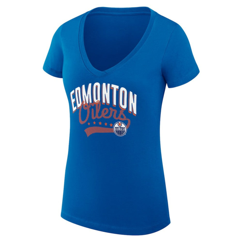 Edmonton Oilers G-III 4Her by Carl Banks Women's Super-Slim Fit Lightweight Filigree Logo V-Neck T-Shirt – Royal - NHL 200559487