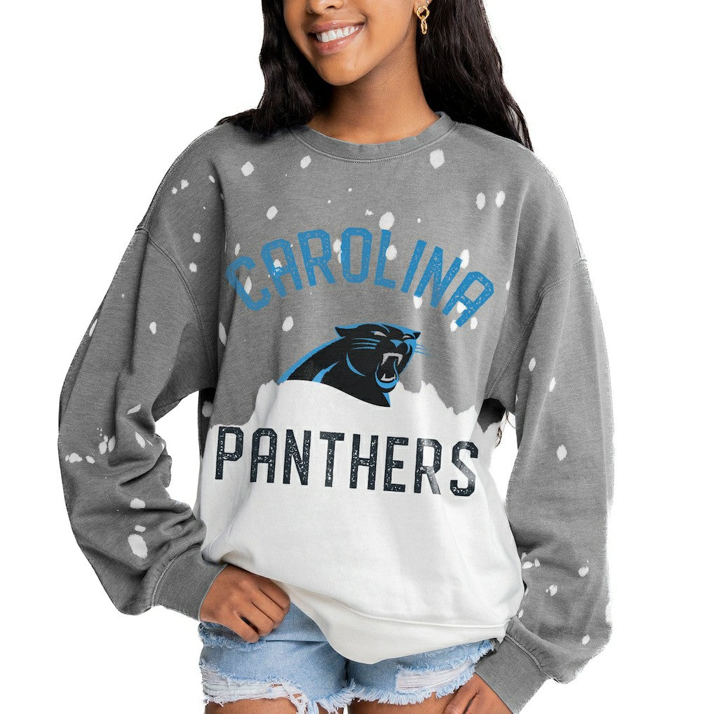 Carolina Panthers Gameday Couture Women's Oversized Coin Toss Faded French Terry Tri-Blend Pullover Sweatshirt Gray