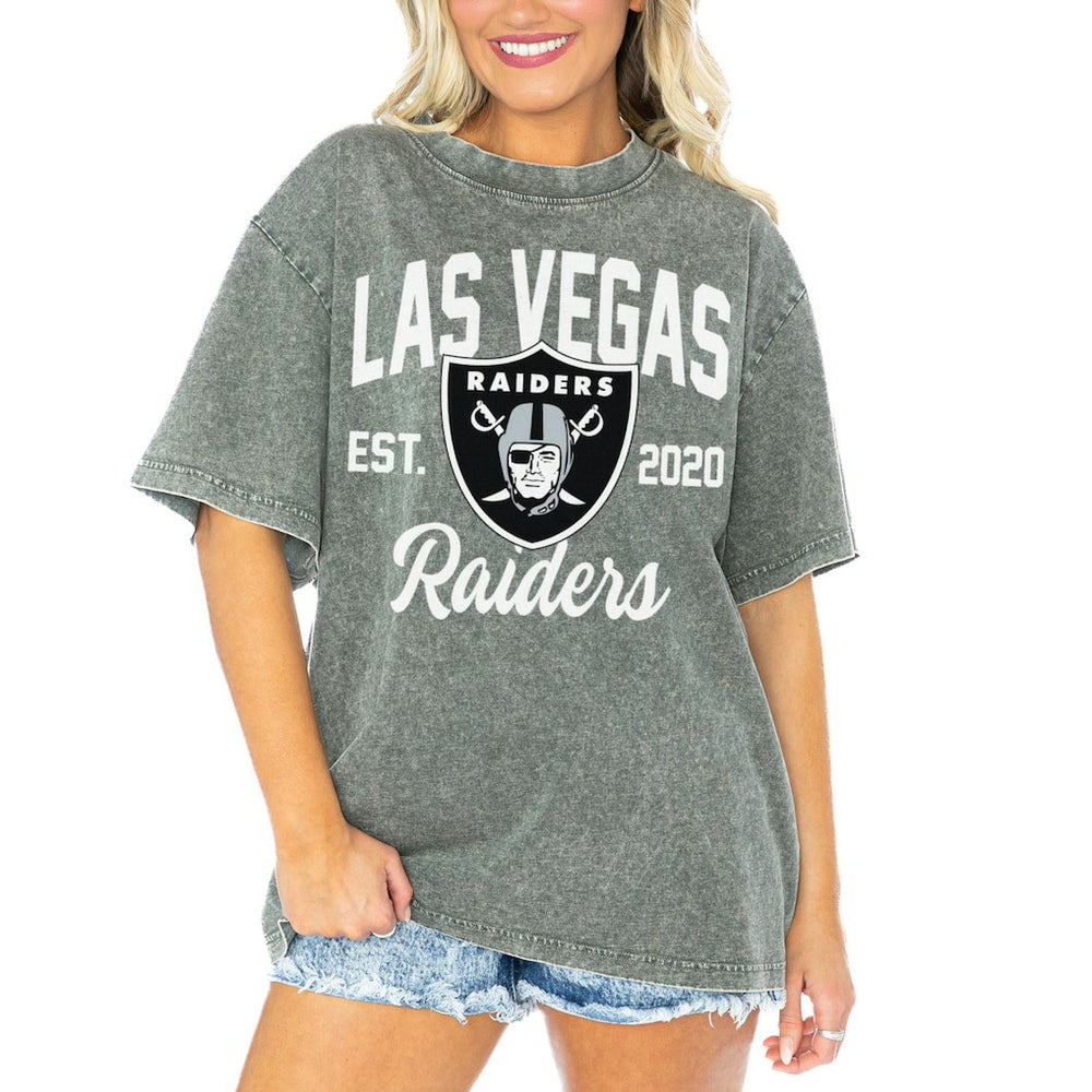 Las Vegas Raiders Gameday Couture Women's Tackle Titan Boyfriend Washed T-Shirt Gray