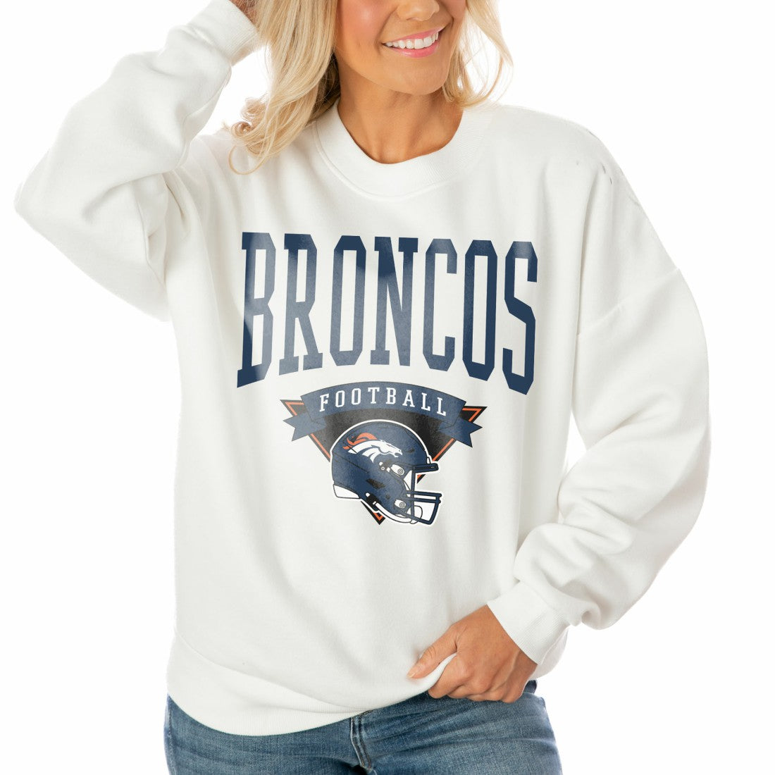 Denver Broncos Gameday Couture Women's Oversized Yard Line Tri-Blend Pullover Sweatshirt White