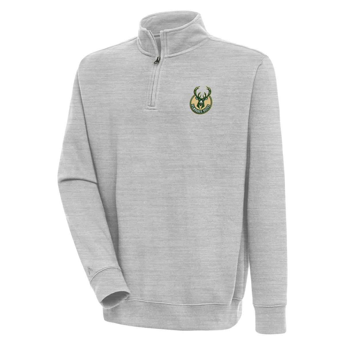 Milwaukee Bucks Antigua Victory Quarter-Zip Pullover Top Heather Gray
