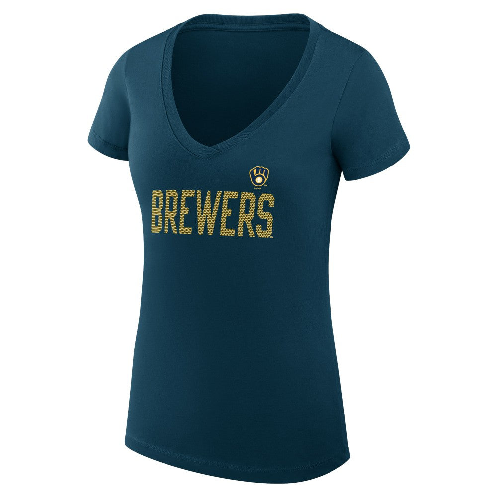 Milwaukee Brewers G-III 4Her by Carl Banks Women's Super-Slim Fit Lightweight Dot Print V-Neck T-Shirt - Navy - MLB Sale