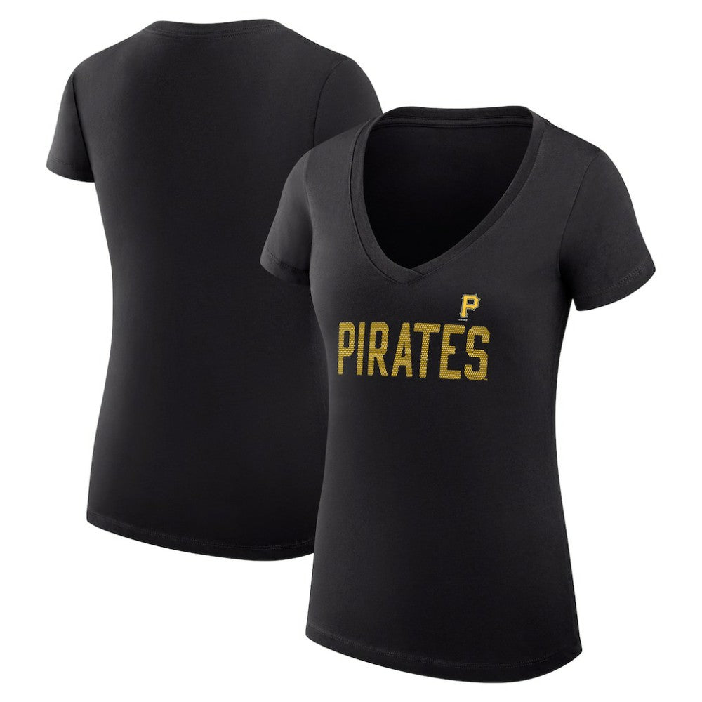 Pittsburgh Pirates G-III 4Her by Carl Banks Women's Super-Slim Fit Lightweight Dot Print V-Neck T-Shirt - Black - MLB Lifestyle