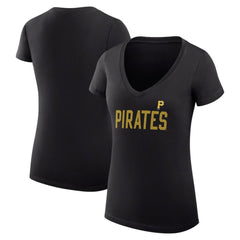 Pittsburgh Pirates G-III 4Her by Carl Banks Women's Super-Slim Fit Lightweight Dot Print V-Neck T-Shirt - Black - MLB Lifestyle